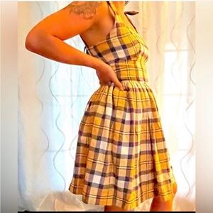 Yellow Plaid Halter Mini Dress with Gathered Skirt
